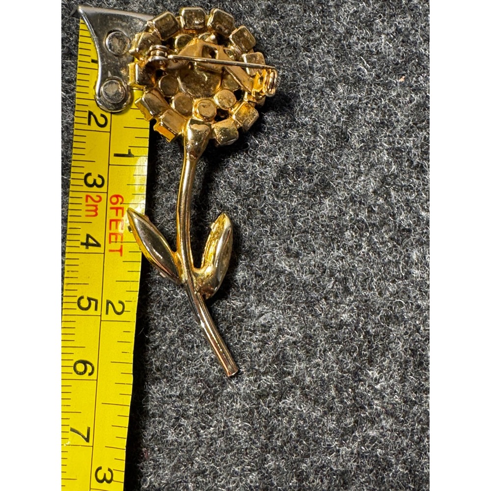 Vintage Gold Tone Sunflower Rhinestone Brooch Yellow Amber Floral Stem Pin 2.5" - Picture 6 of 6